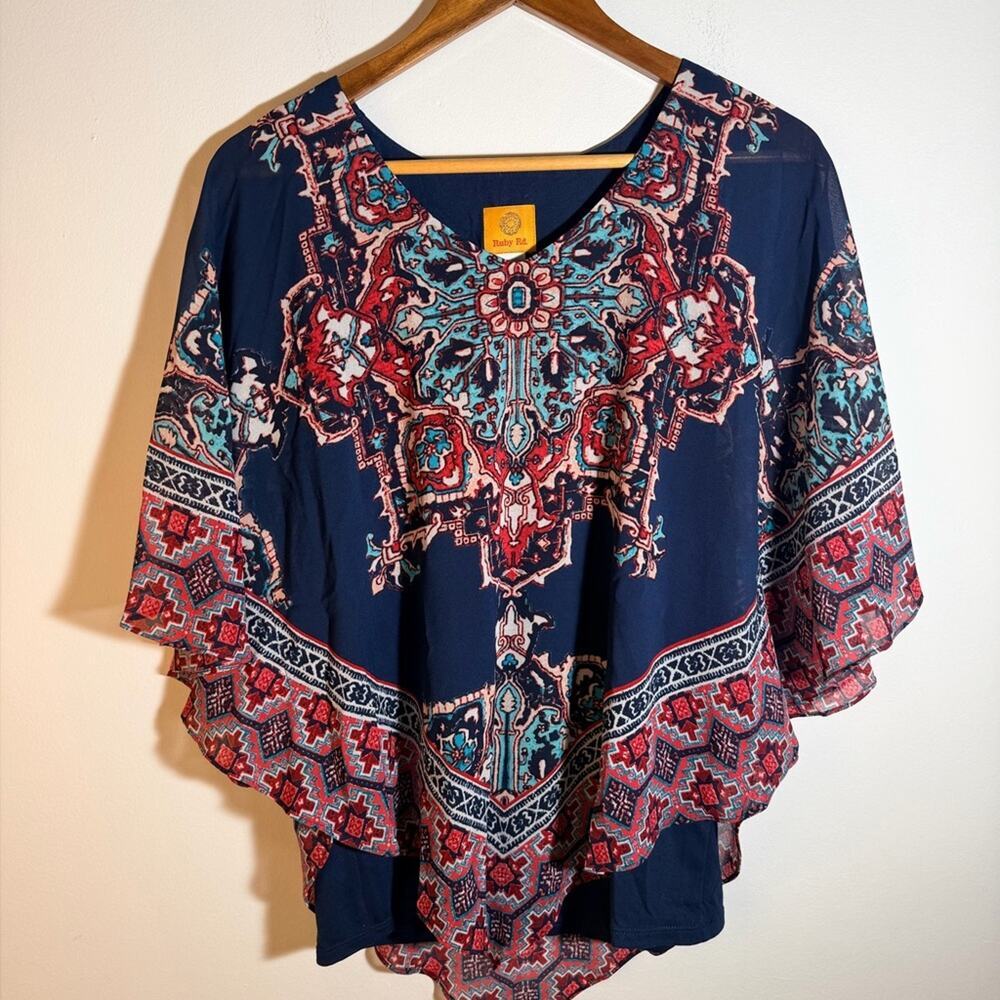 Ruby Rd. Boho Navy and Red Patterned Women's Top
